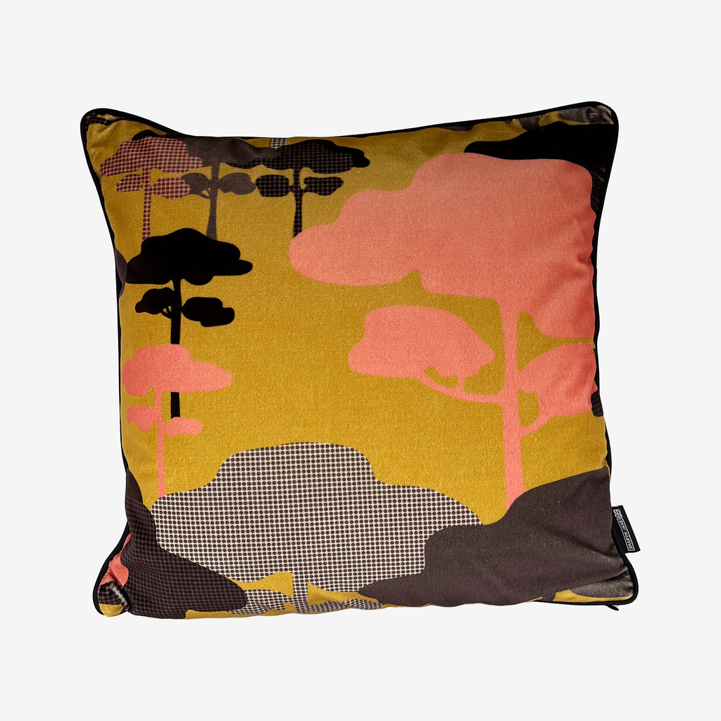 Retro Tree Velvet Cushion - Ochre, Coral + Graphite