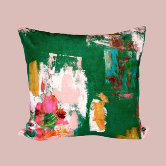 Abstract painterly Velvet Cushion - Kelly green