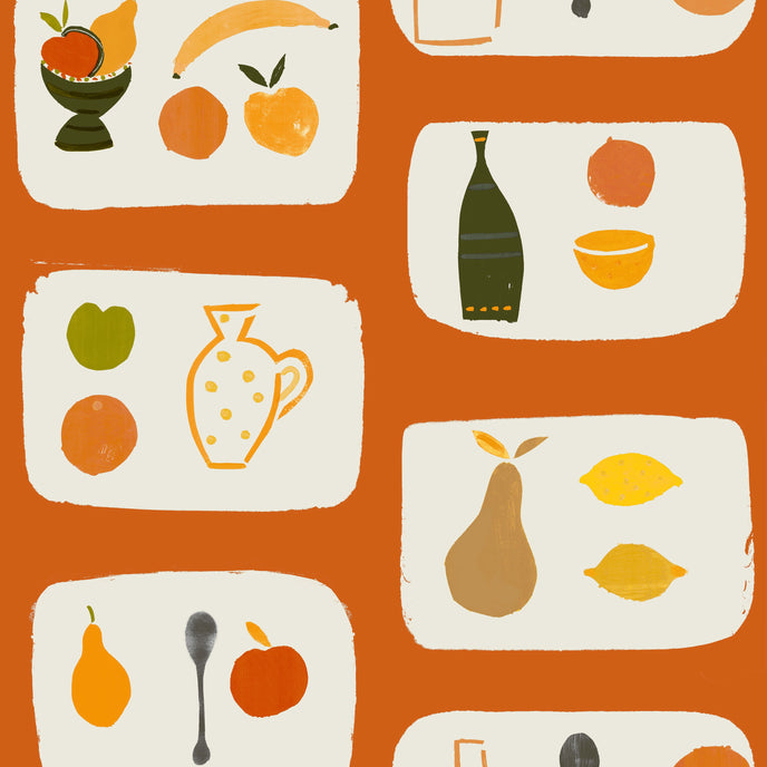 A wallpaper with a tile pattern featuring various fruits and kitchenware against a orange background.