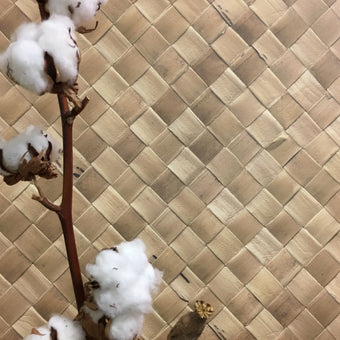 A section of Palm Diagonal Natural Wallpaper with a woven pattern, displayed against a neutral background with cotton plants partially visible.