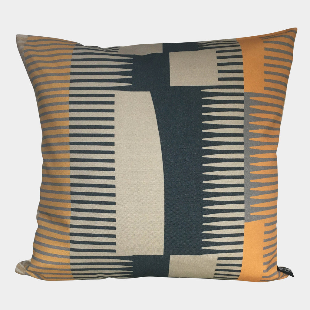Square Combed Stripe Cushion - Charcoal, Taupe + Marigold