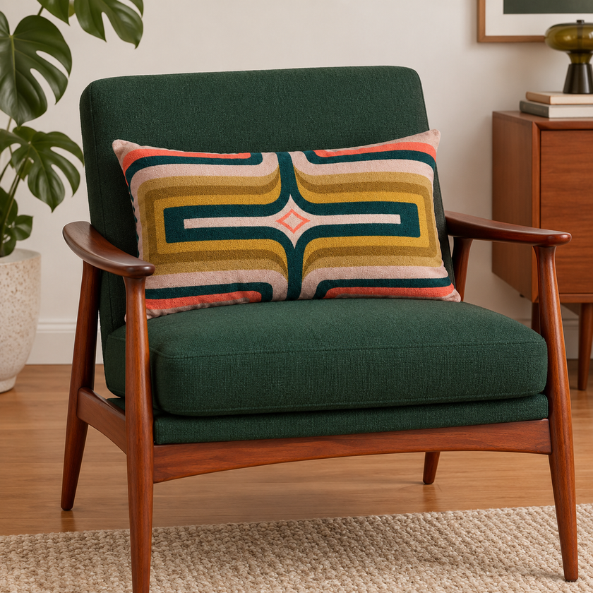 Retro Geometric Velvet Cushion - Blush