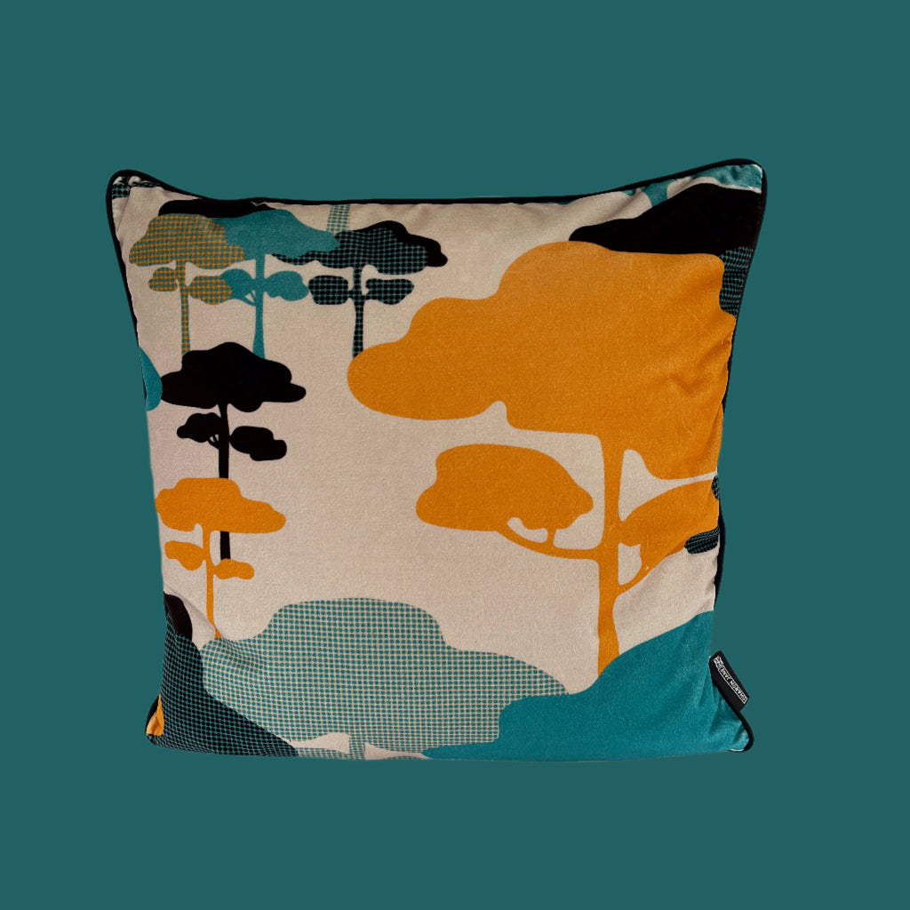 Retro Tree Velvet Cushion - Tangerine + Turquoise