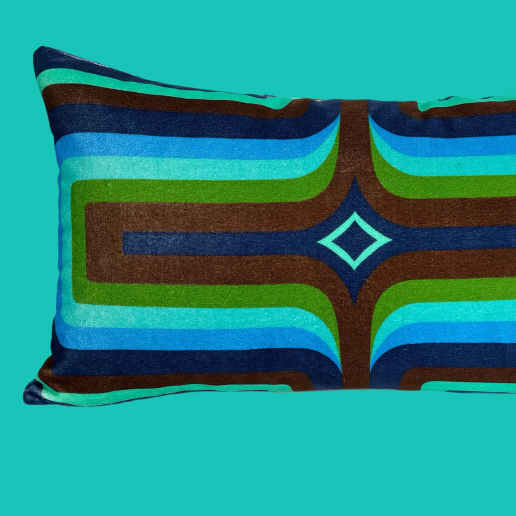 NEW - Retro Geometric Velvet Cushion - Navy + Green