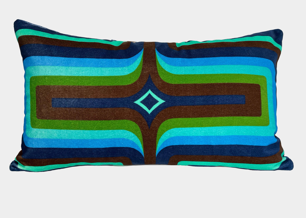 NEW - Retro Geometric Velvet Cushion - Navy + Green