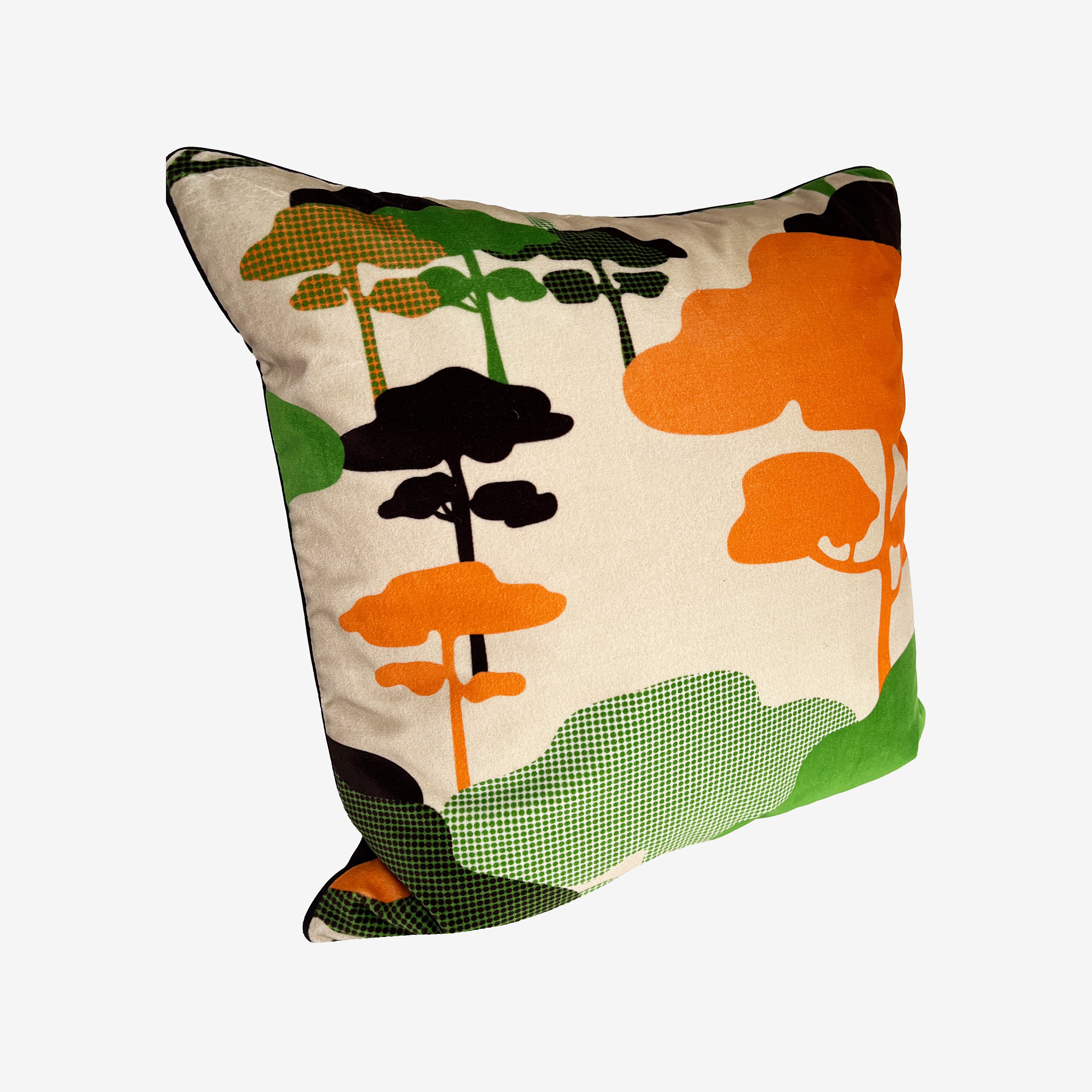 Retro Tree Velvet Cushion - Orange + Green