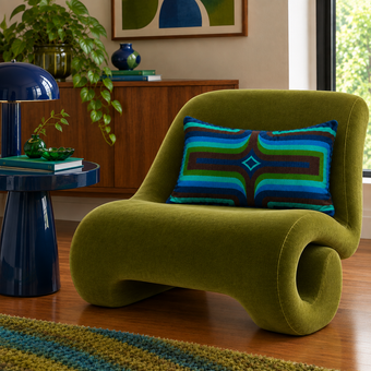 Retro Geometric Velvet Cushion - Navy