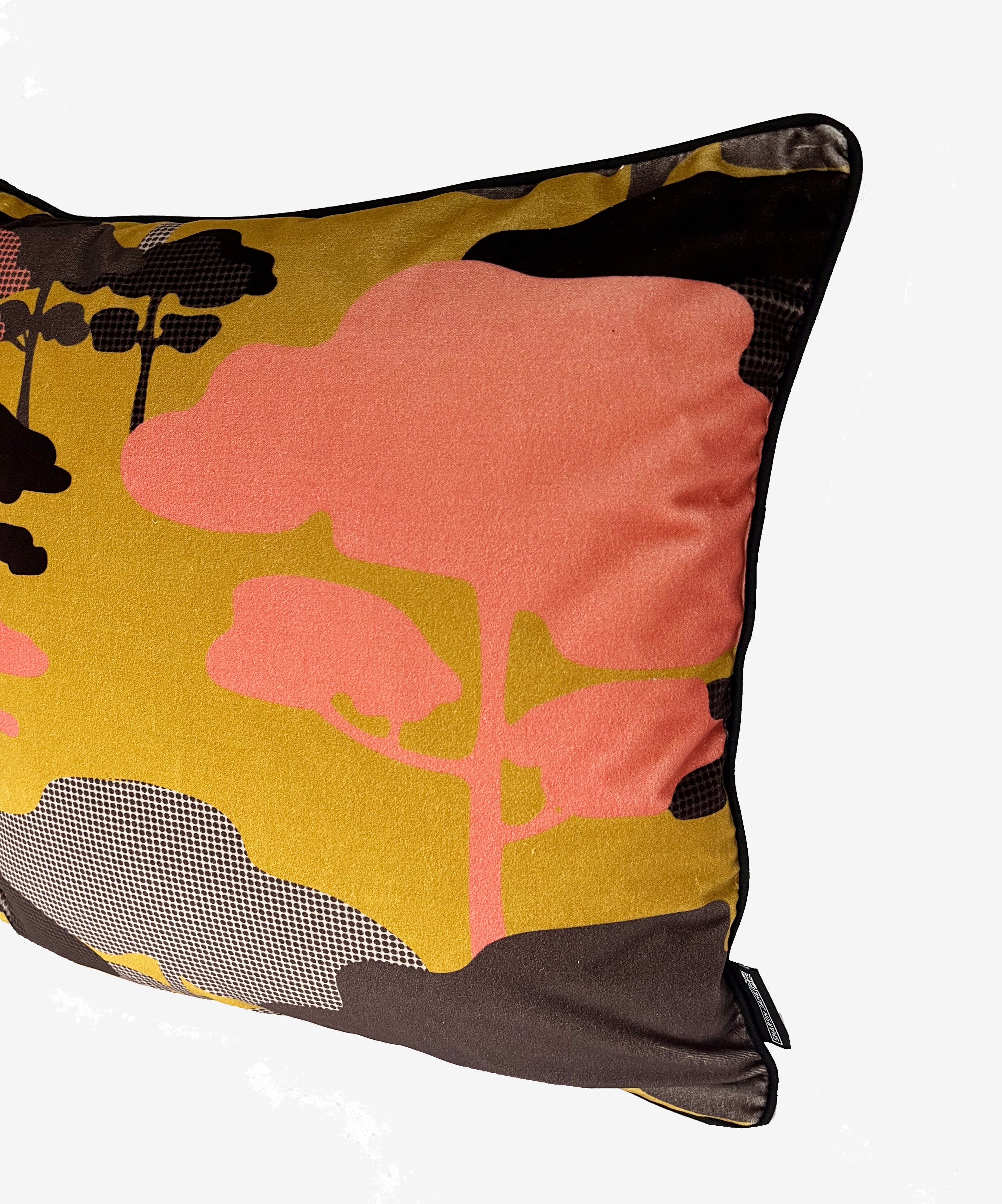 Retro Tree Velvet Cushion - Ochre, Coral + Graphite