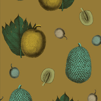 A roll of wallpaper with a tropical fruit and leaves pattern on a blue background.