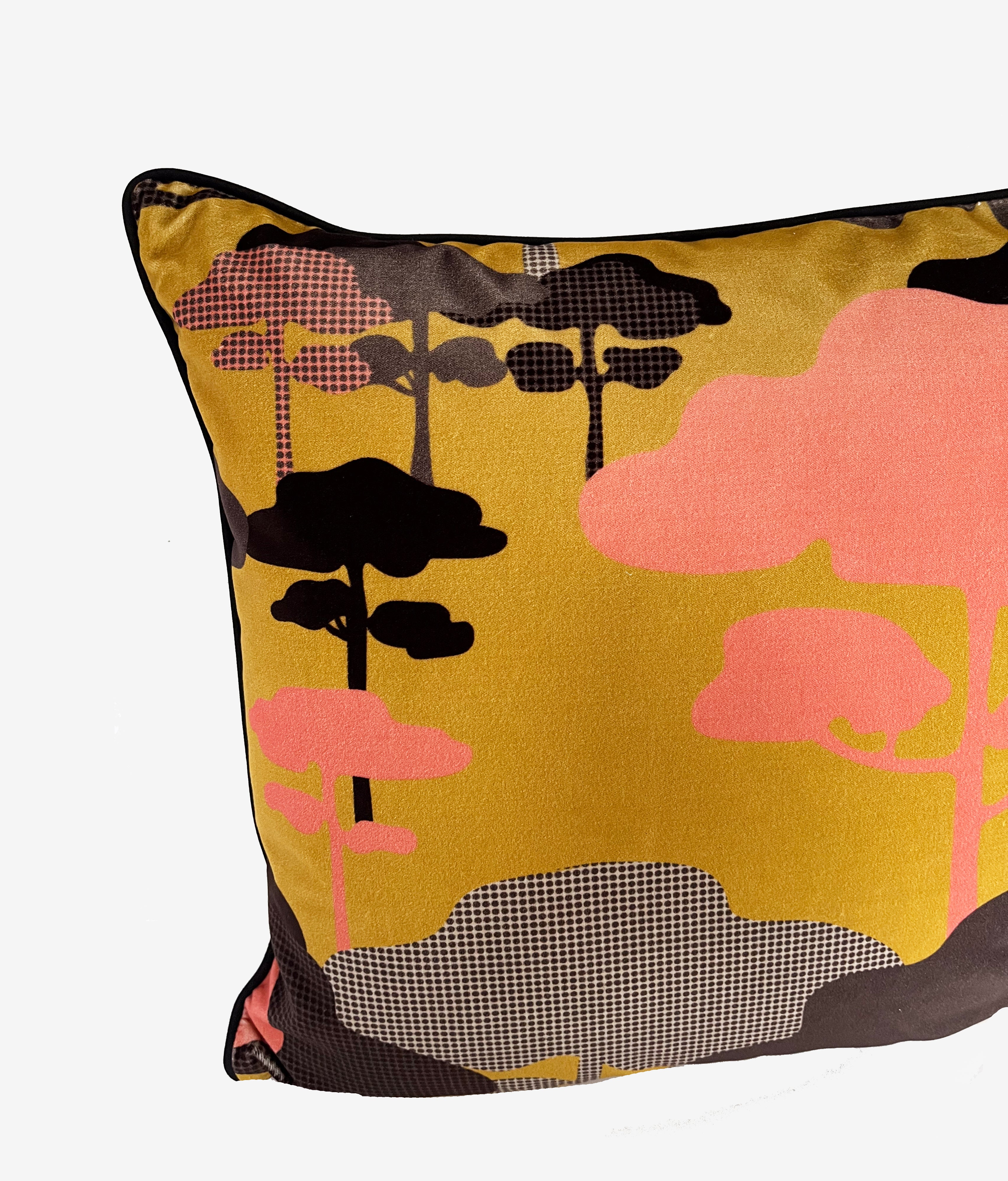 Retro Tree Velvet Cushion - Ochre, Coral + Graphite