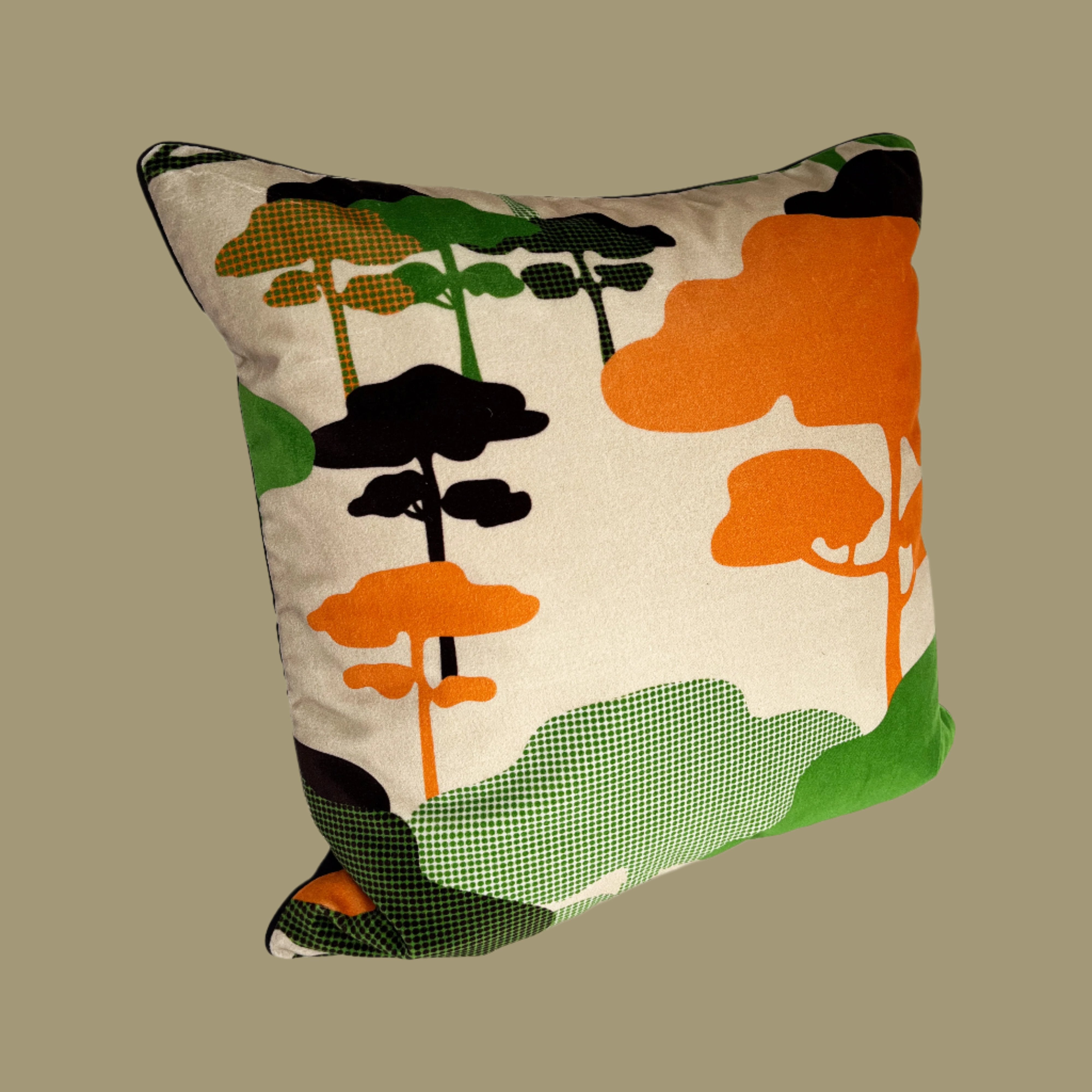 Retro Tree Velvet Cushion - Orange + Green