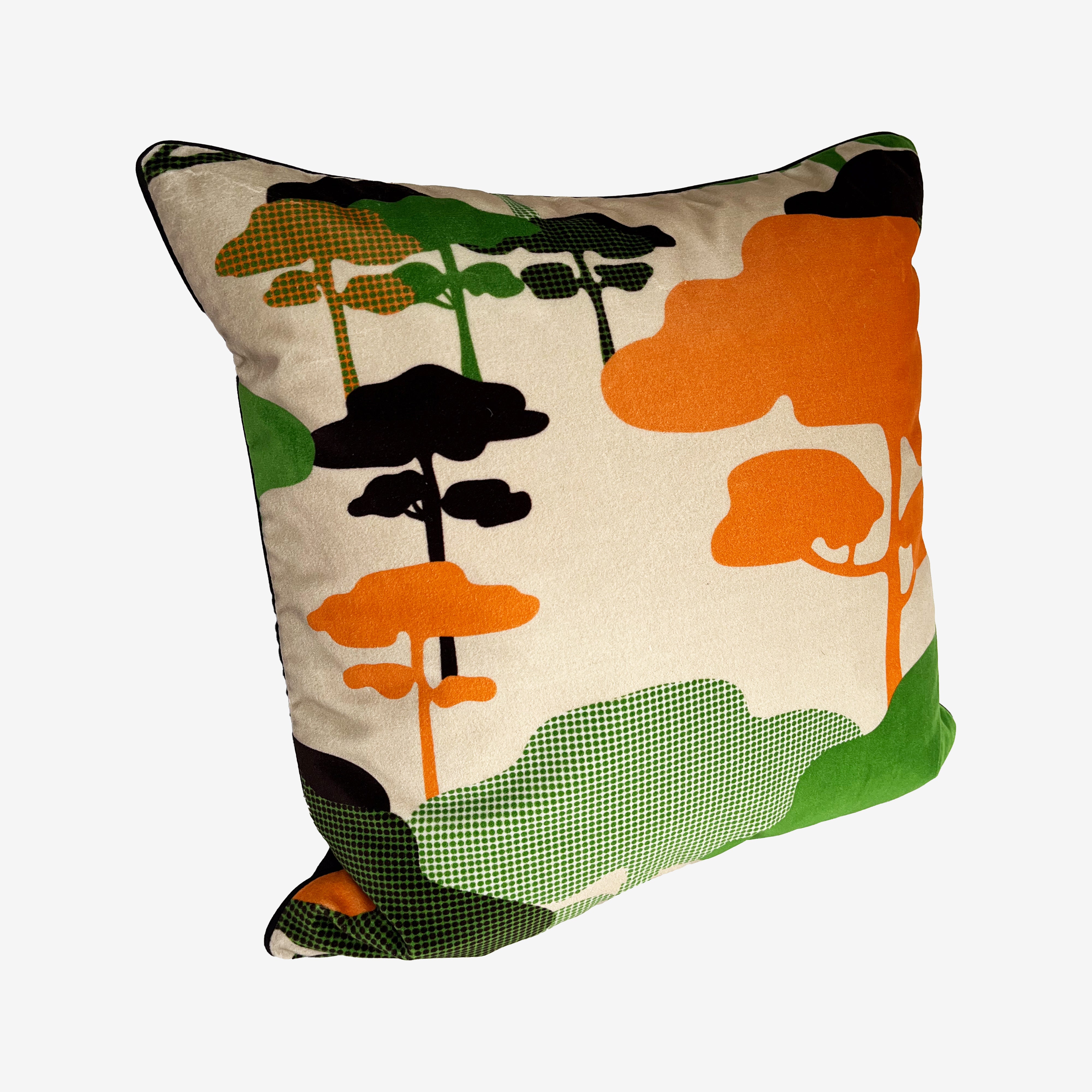 Retro Tree Velvet Cushion - Orange + Green