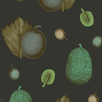 A roll of wallpaper with a tropical fruit and leaves pattern on a blue background.
