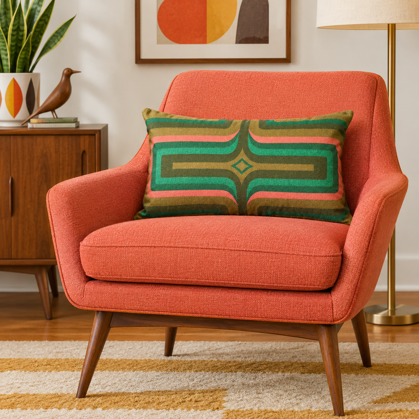 Retro Geometric Velvet Cushion - Olive