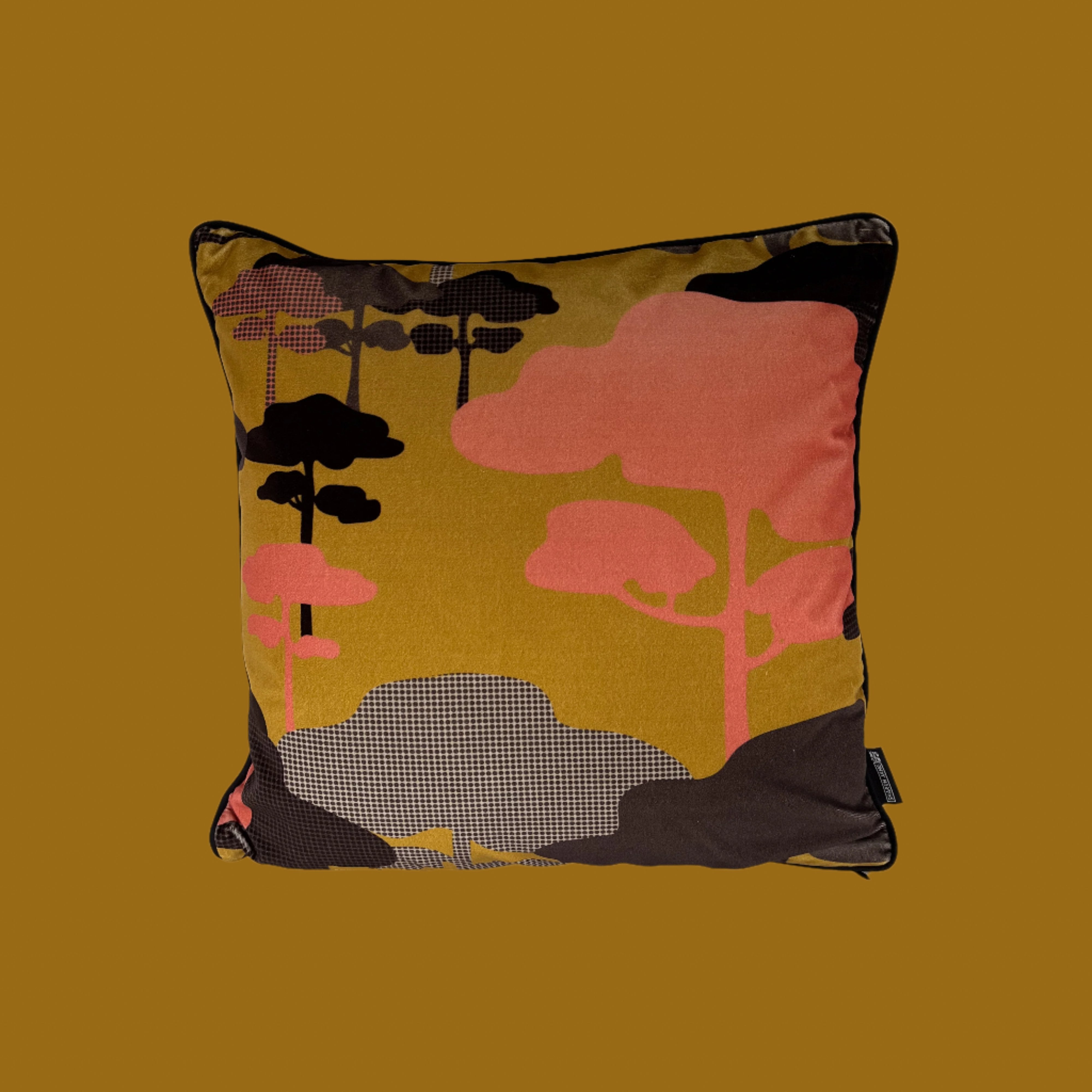 Retro Tree Velvet Cushion - Ochre, Coral + Graphite