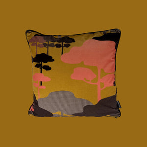 Retro Tree Velvet Cushion - Ochre, Coral + Graphite