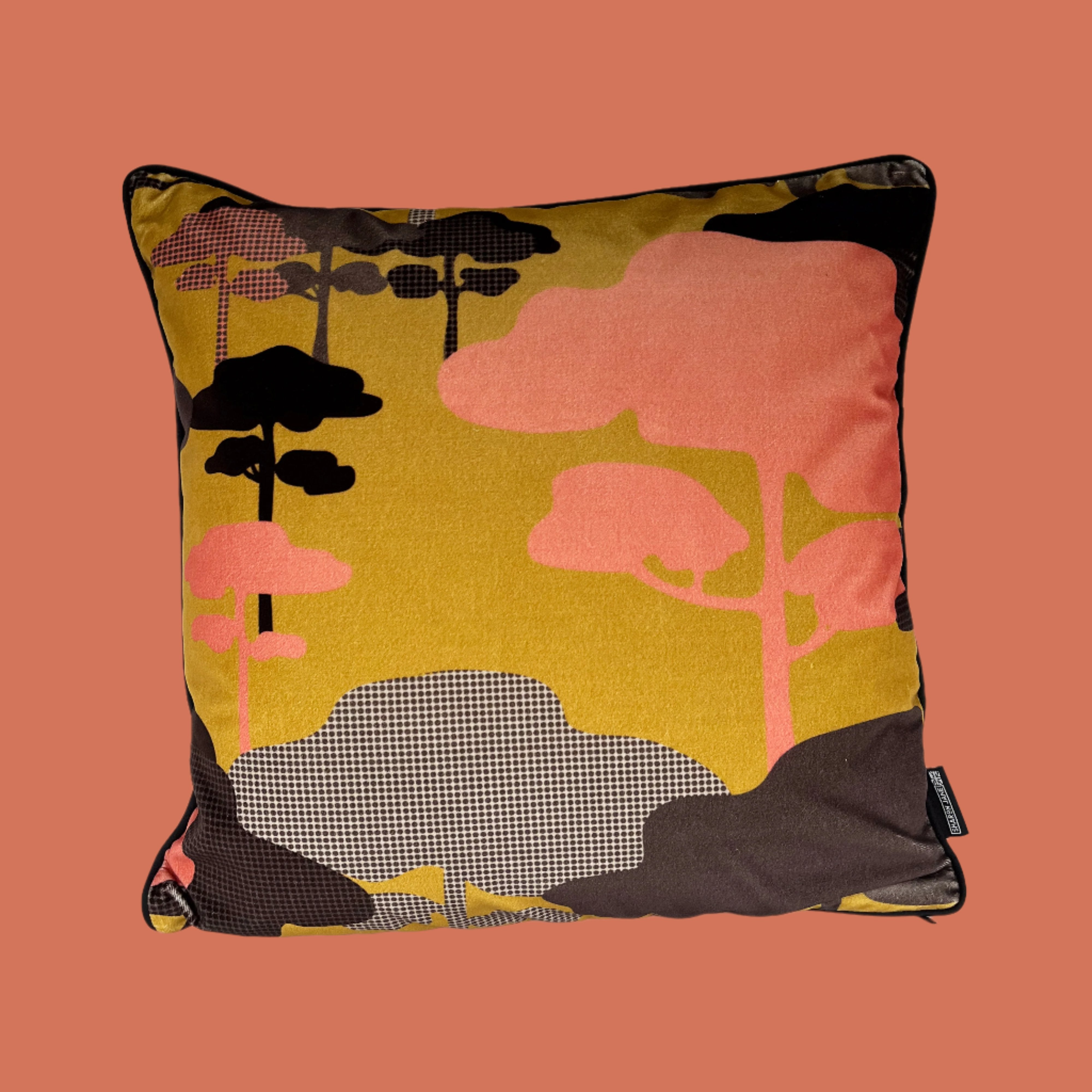 Retro Tree Velvet Cushion - Ochre, Coral + Graphite