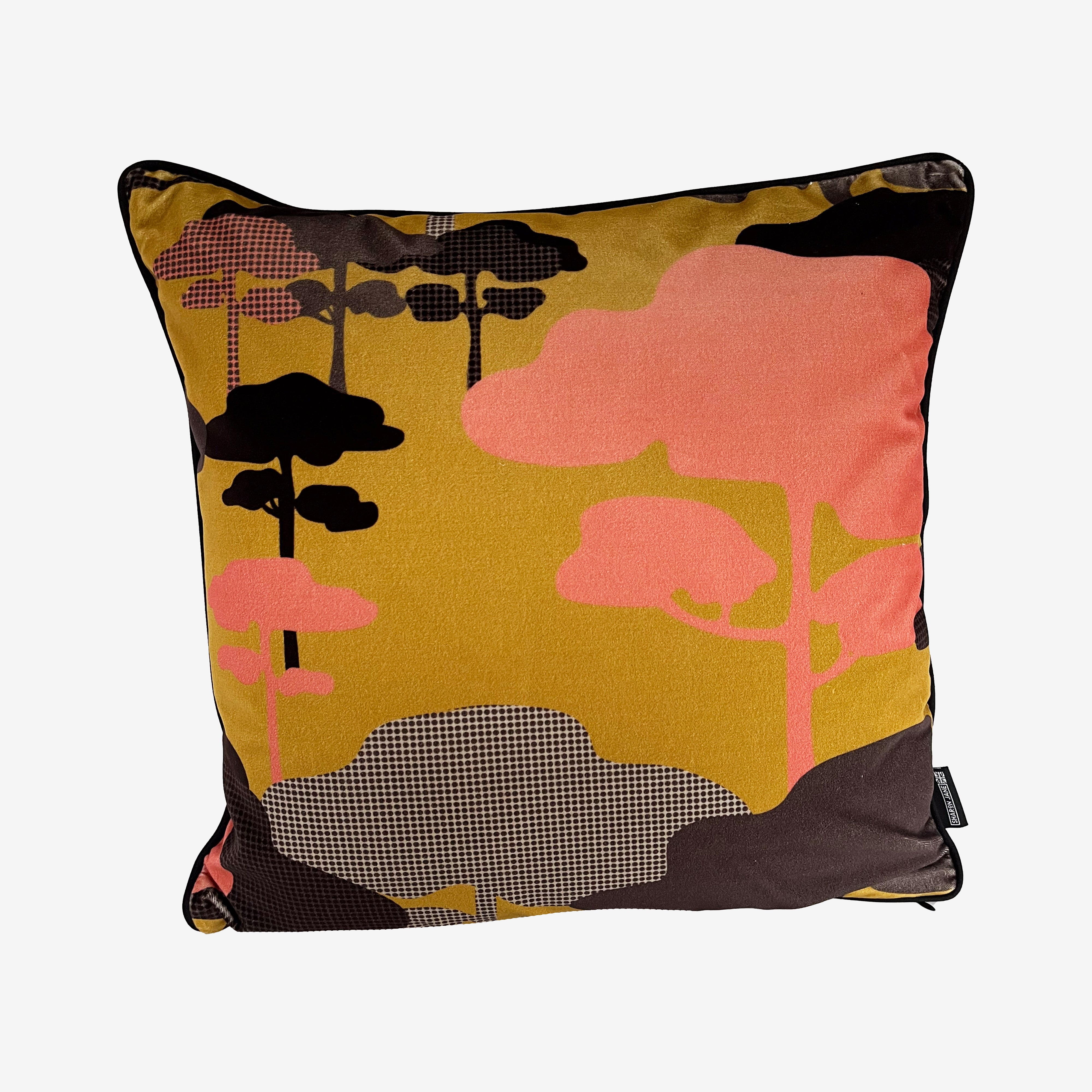 Retro Tree Velvet Cushion - Ochre, Coral + Graphite