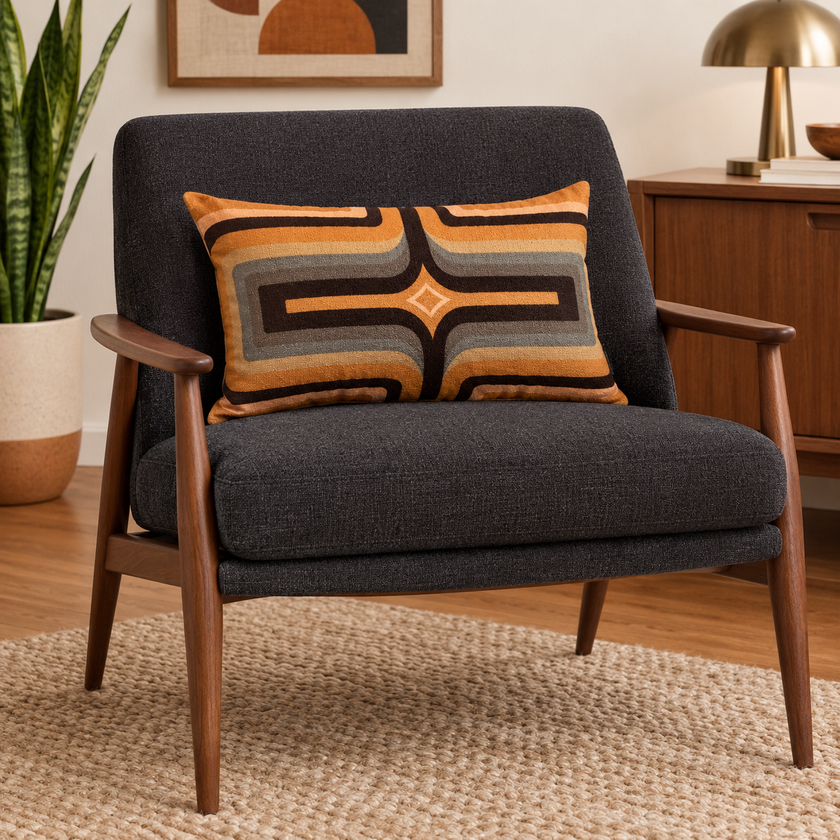 Retro Geometric Velvet Cushion - Caramel