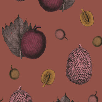 A roll of wallpaper with a tropical fruit and leaves pattern on a blue background.
