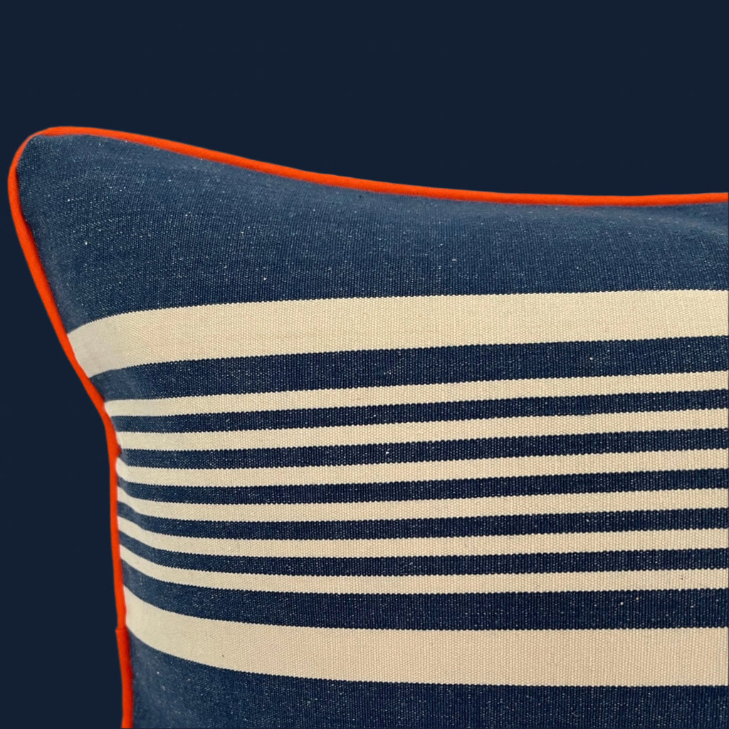 Cotton Striped Cushion - Blue + White