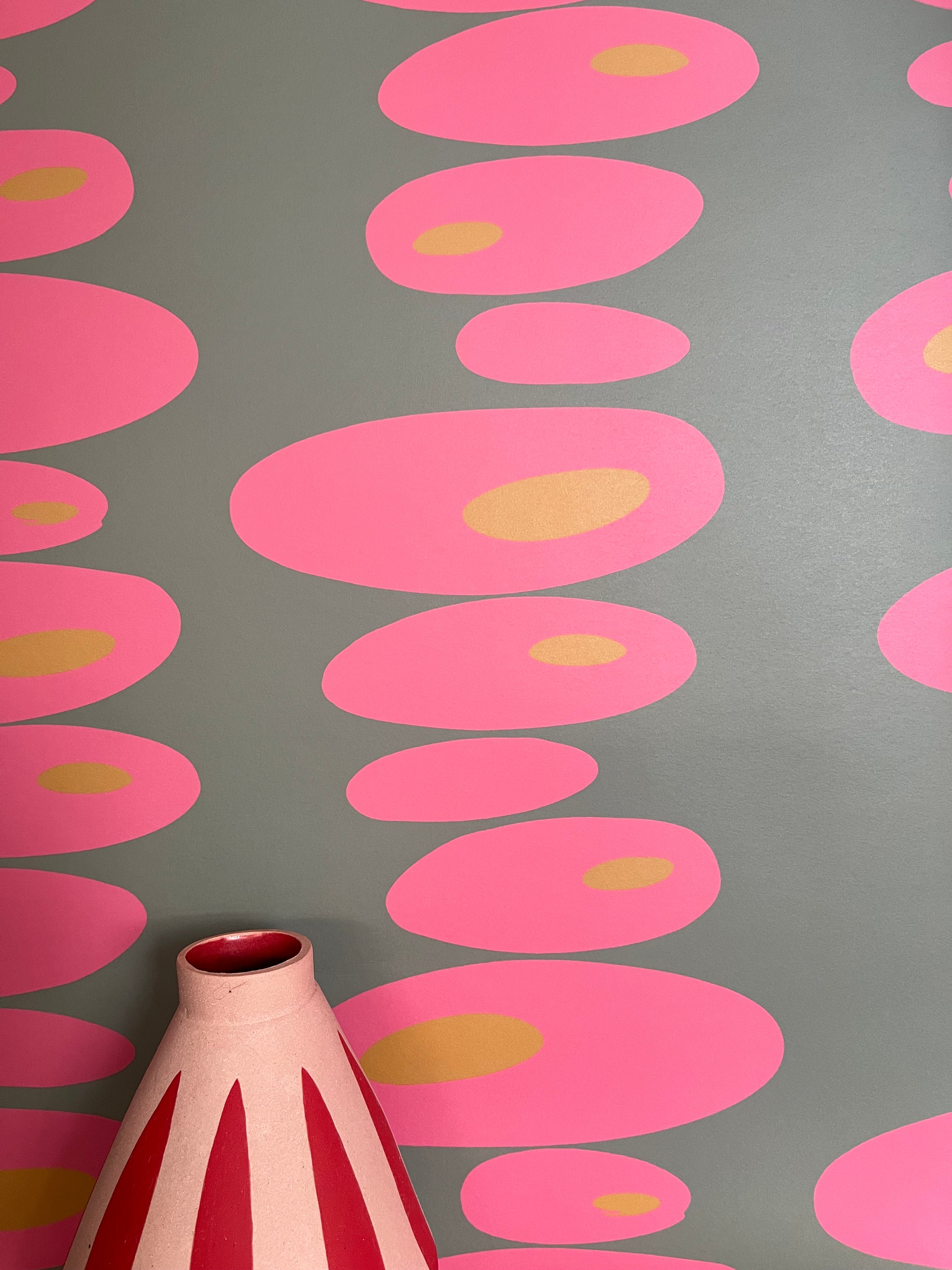 Pebbles Wallpaper - Grey + pink + Mustard