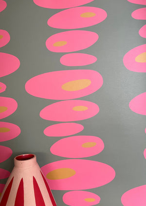 Pebbles Wallpaper - Grey + pink + Mustard