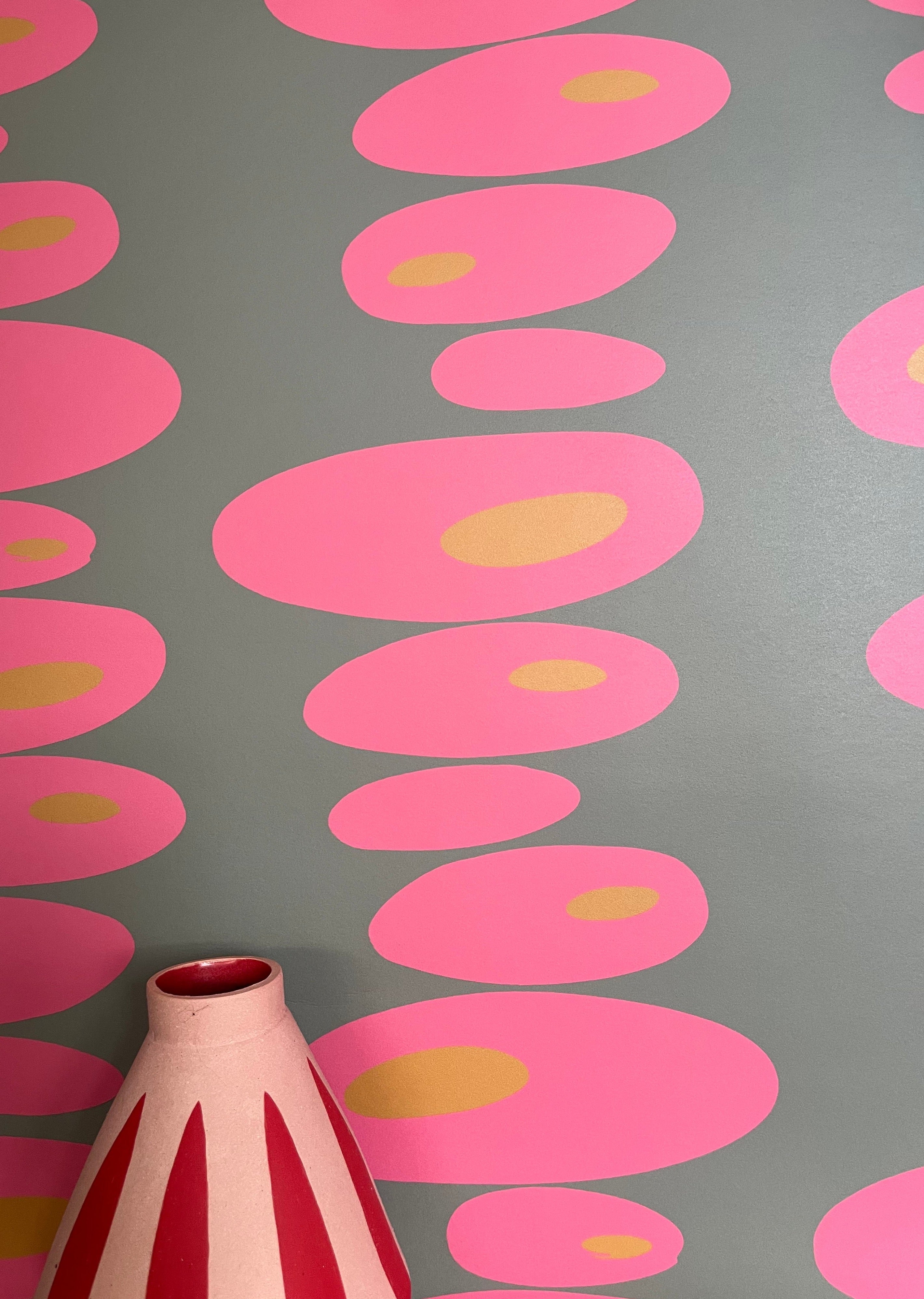 Pebbles Wallpaper - Grey + pink + Mustard