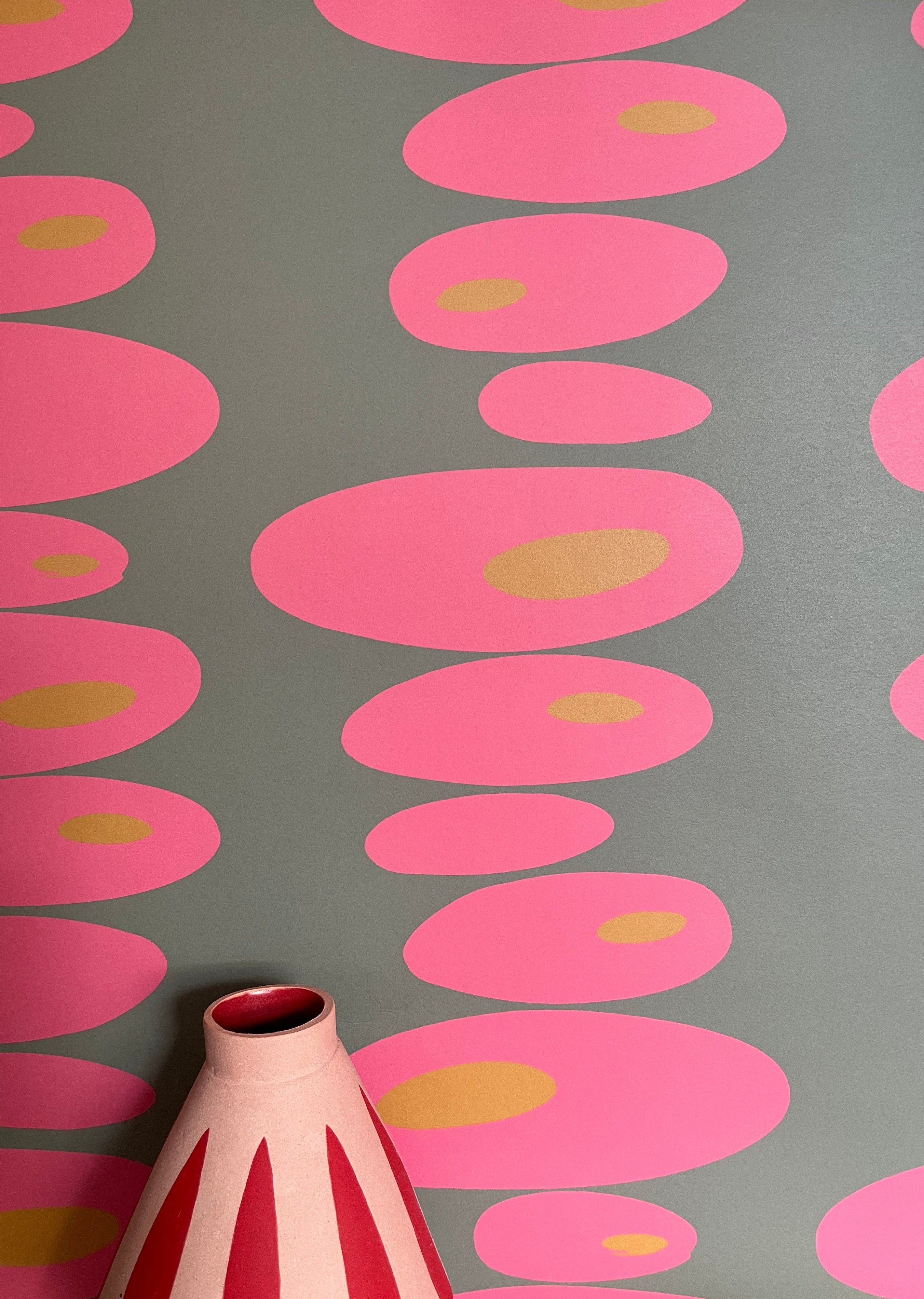 Pebbles Wallpaper - Grey + pink + Mustard