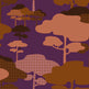 A repeating retro-style pattern of stylized trees and cloud-like shapes in terracotta, brown, peach, and dark brown on a deep purple background.