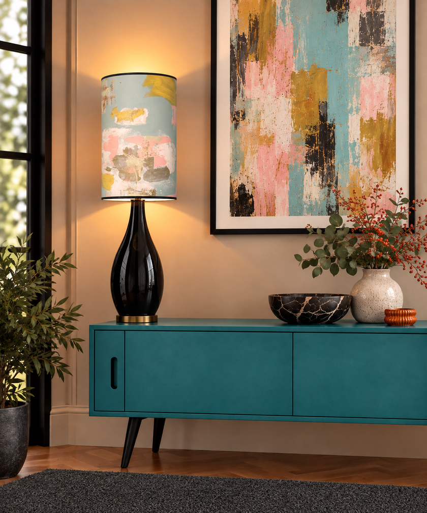 Large Painterly Abstract Lampshade - duck egg