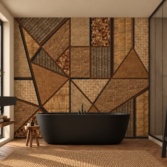 A modern bathroom interior featuring a large freestanding black bathtub centered against a geometric wall made of woven and wood-toned panels. A black ladder leans against a wood-paneled wall on the right, and a floating shelf with a sink and small stool sits on the left.