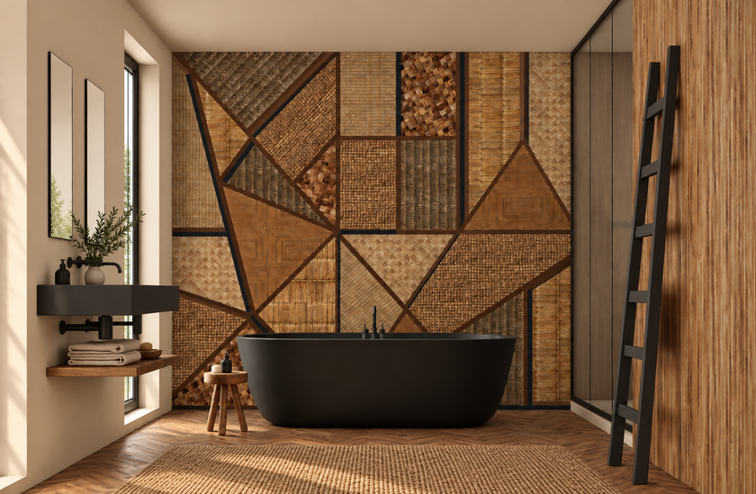 A modern bathroom interior featuring a large freestanding black bathtub centered against a geometric wall made of woven and wood-toned panels. A black ladder leans against a wood-paneled wall on the right, and a floating shelf with a sink and small stool sits on the left.