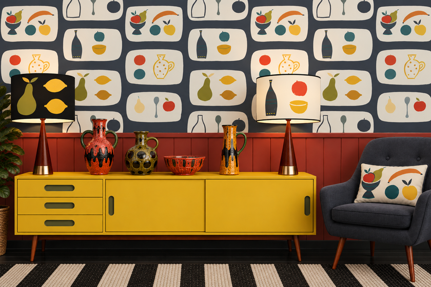 A styled interior scene featuring a bold mid-century modern wallpaper with a repeating fruit and vase pattern, a bright yellow sideboard cabinet, two matching table lamps, decorative ceramic vases, a dark blue armchair with a patterned pillow, and a black-and-white striped rug.