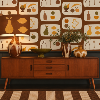 A styled interior scene featuring retro wallpaper with a brown and cream fruit-and-vegetable pattern, a mid-century modern wooden sideboard, a lit table lamp with a matching patterned shade, ceramic vases, and a striped rug.