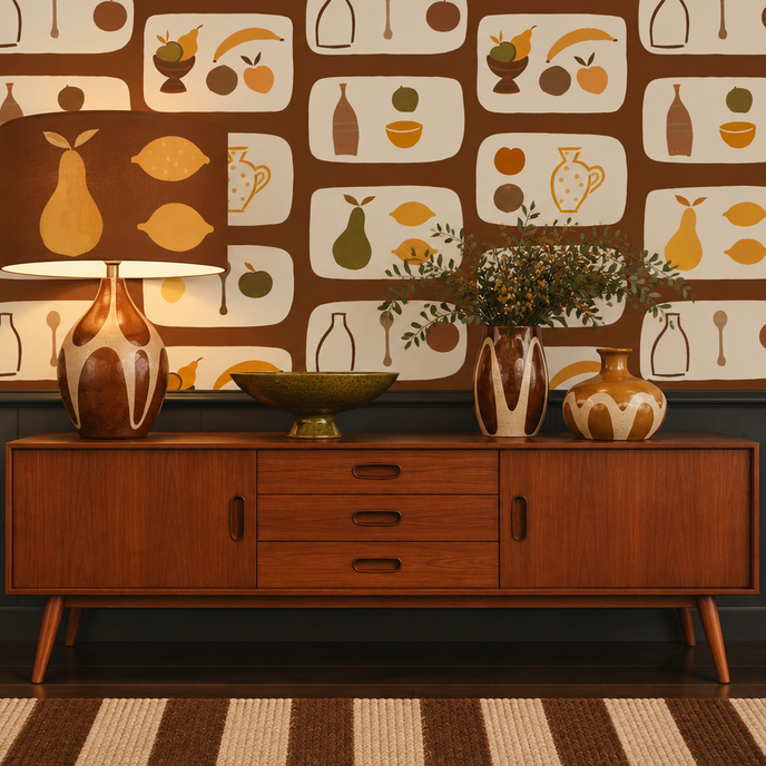 A styled interior scene featuring retro wallpaper with a brown and cream fruit-and-vegetable pattern, a mid-century modern wooden sideboard, a lit table lamp with a matching patterned shade, ceramic vases, and a striped rug.