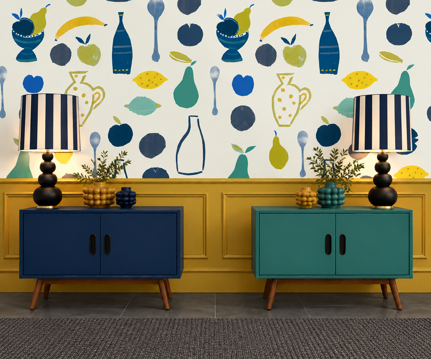 Naive Fruit Motif Wallpaper - Blue Bottle