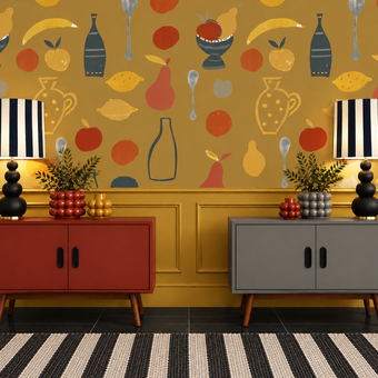 Naive Fruit Motif Wallpaper - Mustard