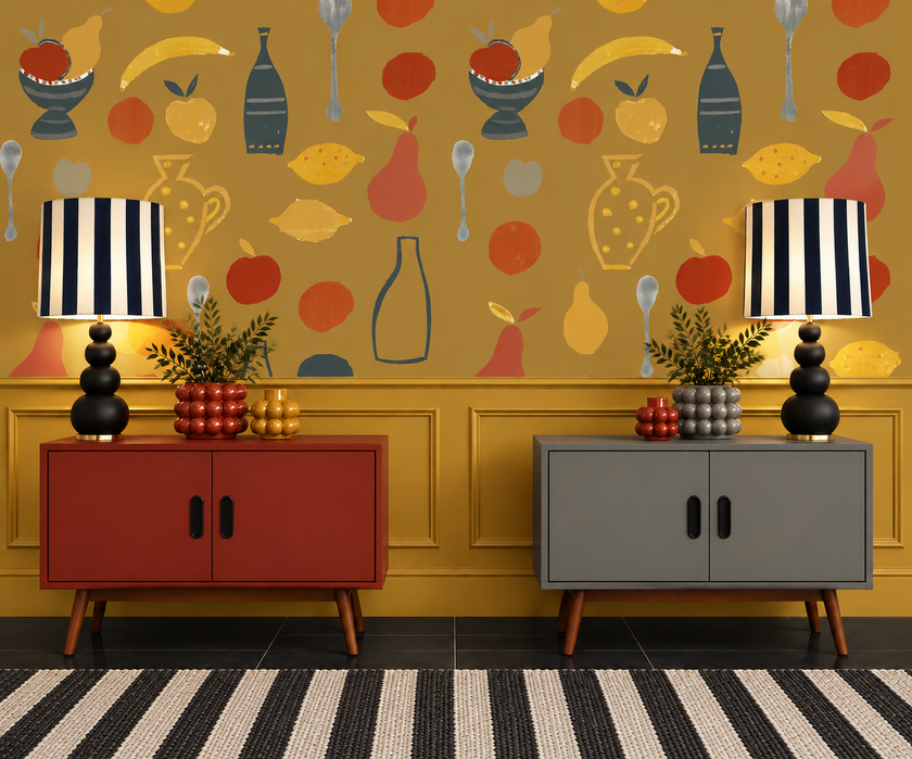 Naive Fruit Motif Wallpaper - Mustard