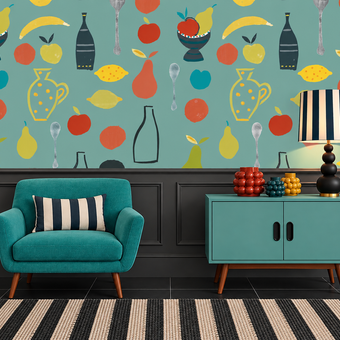 Naive Fruit Motif Wallpaper - Aqua
