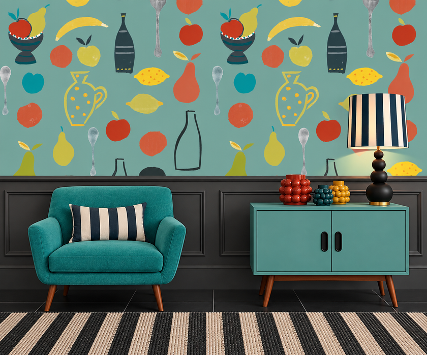 Naive Fruit Motif Wallpaper - Aqua