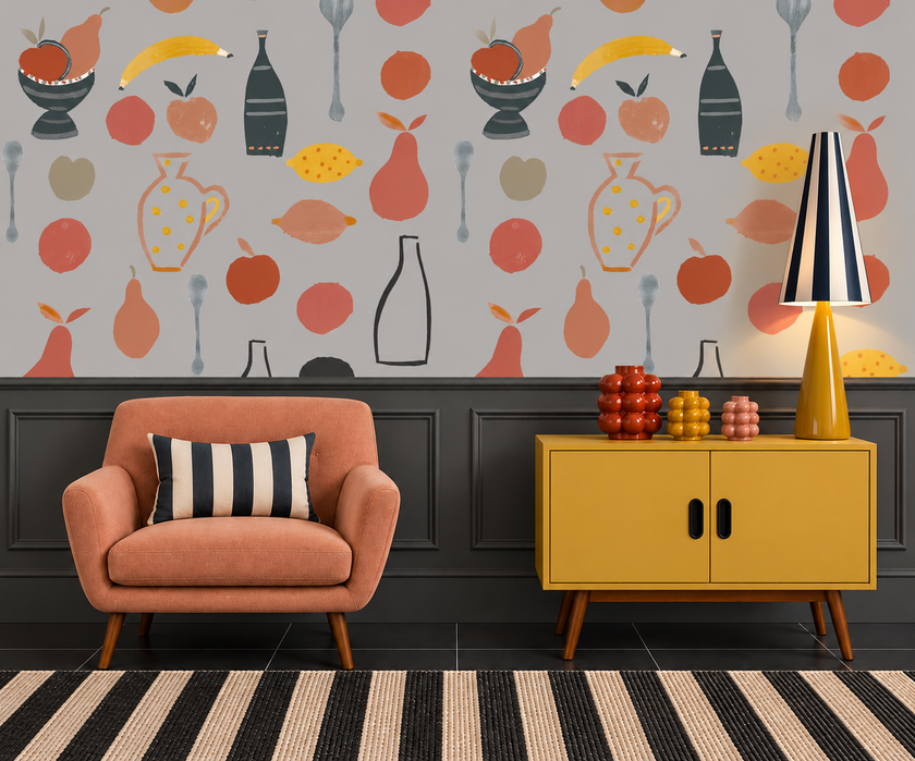 Naive Fruit Motif Wallpaper - Pale blue