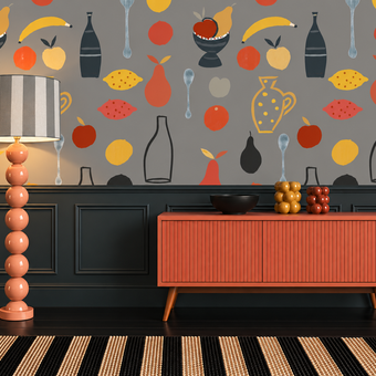 Naive Fruit Motif Wallpaper - Grey