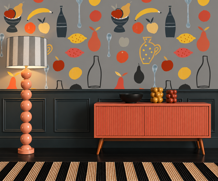 Naive Fruit Motif Wallpaper - Grey