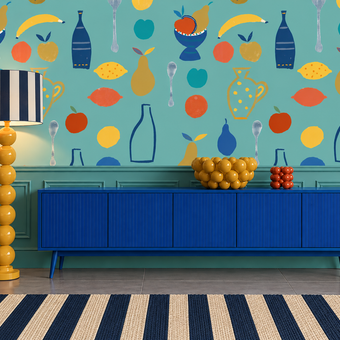 Naive Fruit Motif Wallpaper - Turquoise