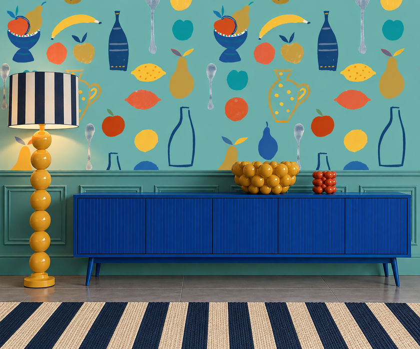Naive Fruit Motif Wallpaper - Turquoise