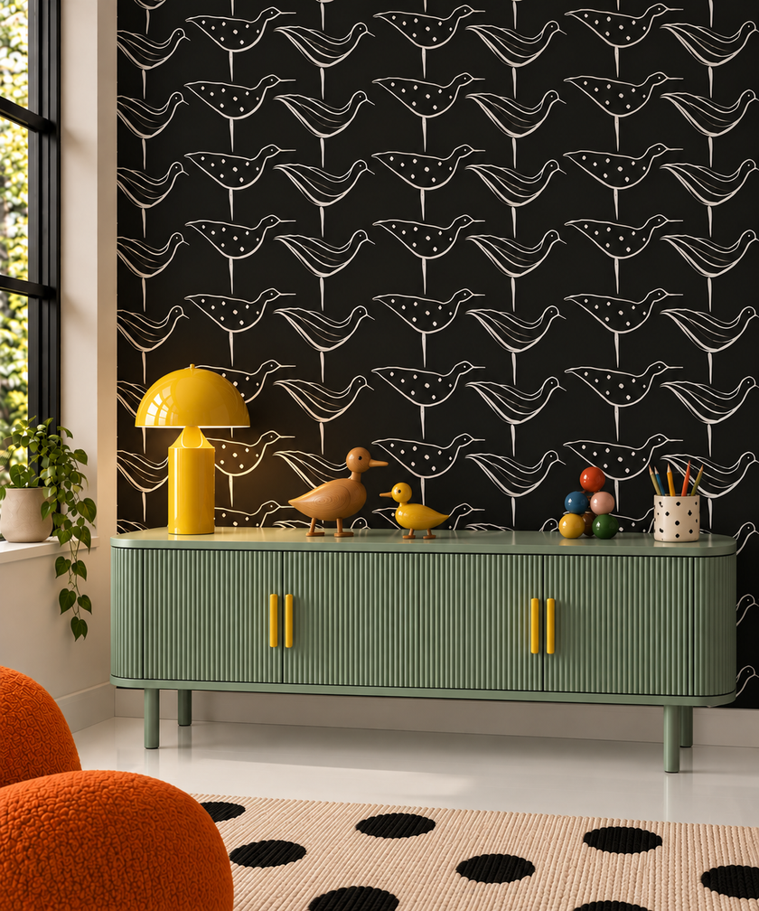 A styled interior scene showing a green ribbed sideboard with gold handles against a black wallpaper patterned with white birds. A yellow table lamp, a wooden duck figurine, a small yellow duck, colorful eggs, and a cup sit on top.