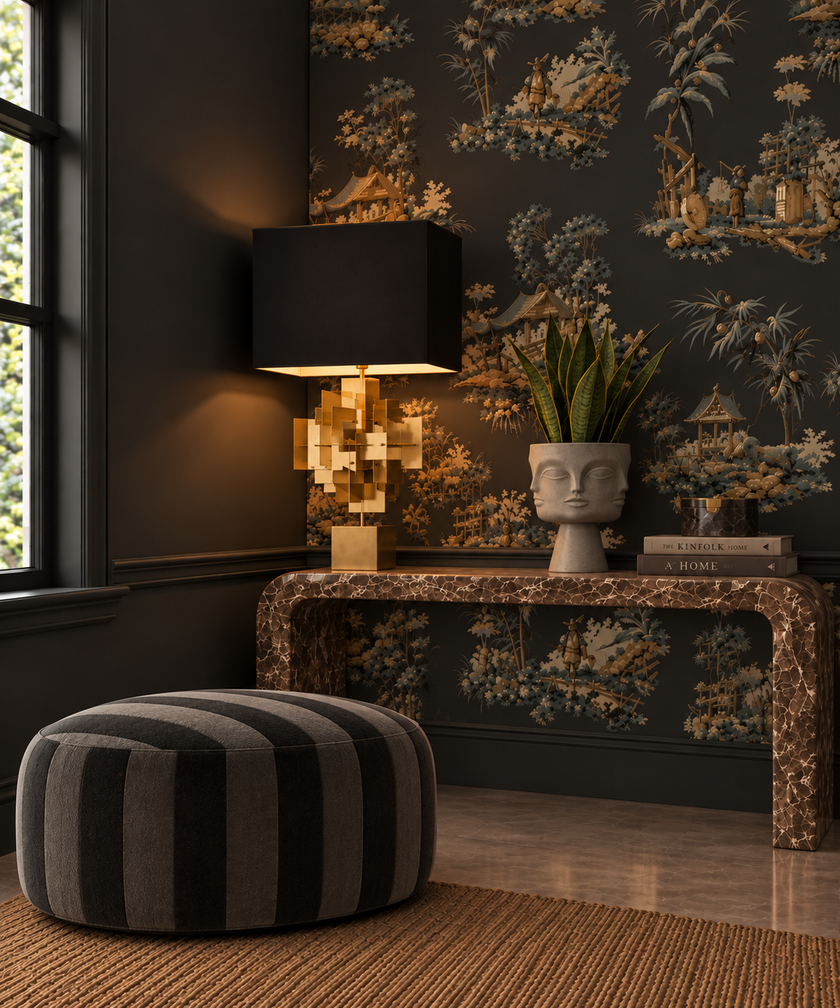 Vintage Oriental Wallpaper - Black