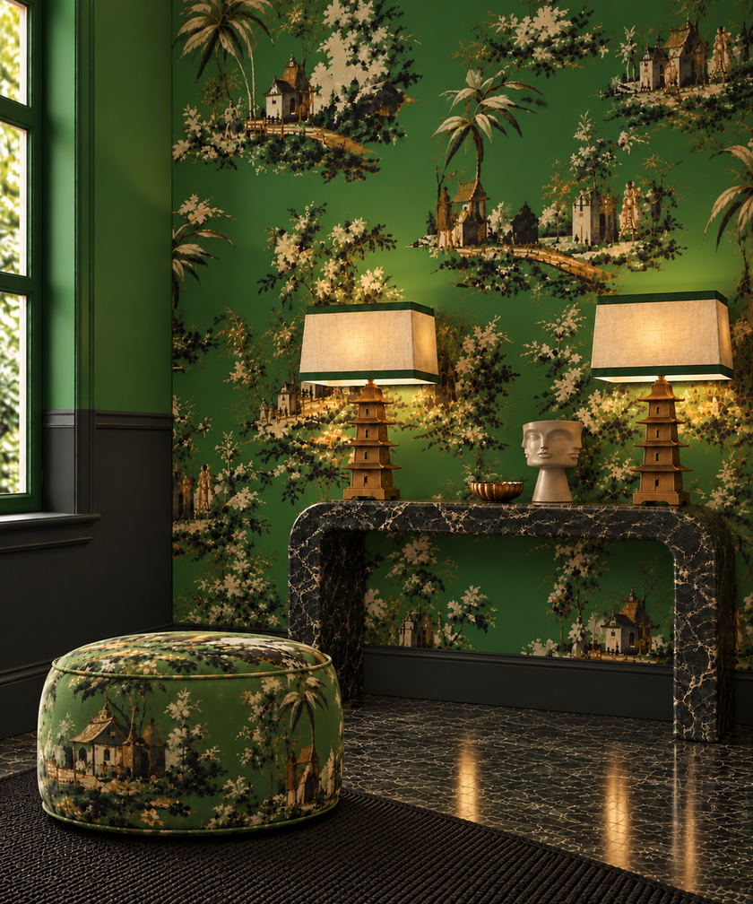 Vintage Oriental Wallpaper - Bright green