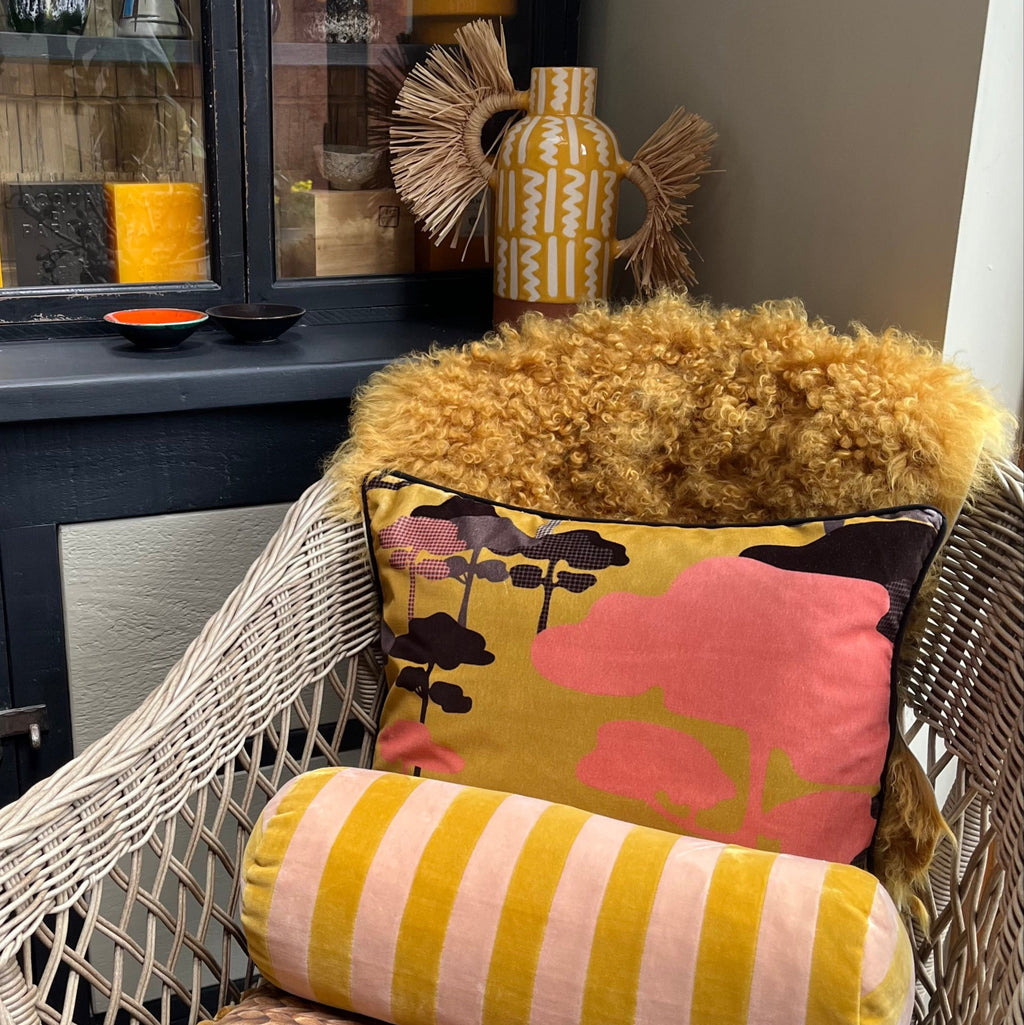 Retro Tree Velvet Cushion - Ochre, Coral + Graphite